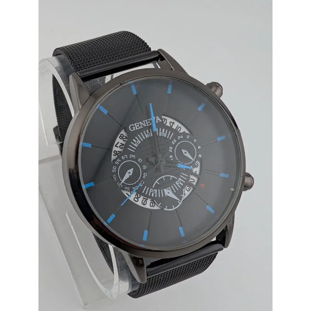 Geneva‎ Watch Men 42mm Black Case Mesh Metal Band- New Battery